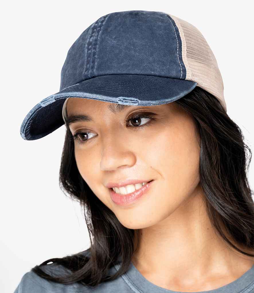 Native Spirit Washed Trucker Destroy Cap | Navy/Beige