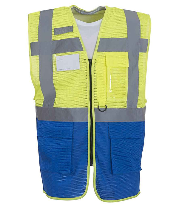 Yoko Hi-Vis Top Cool Open Mesh Executive Waistcoat | Yellow/Royal Blue