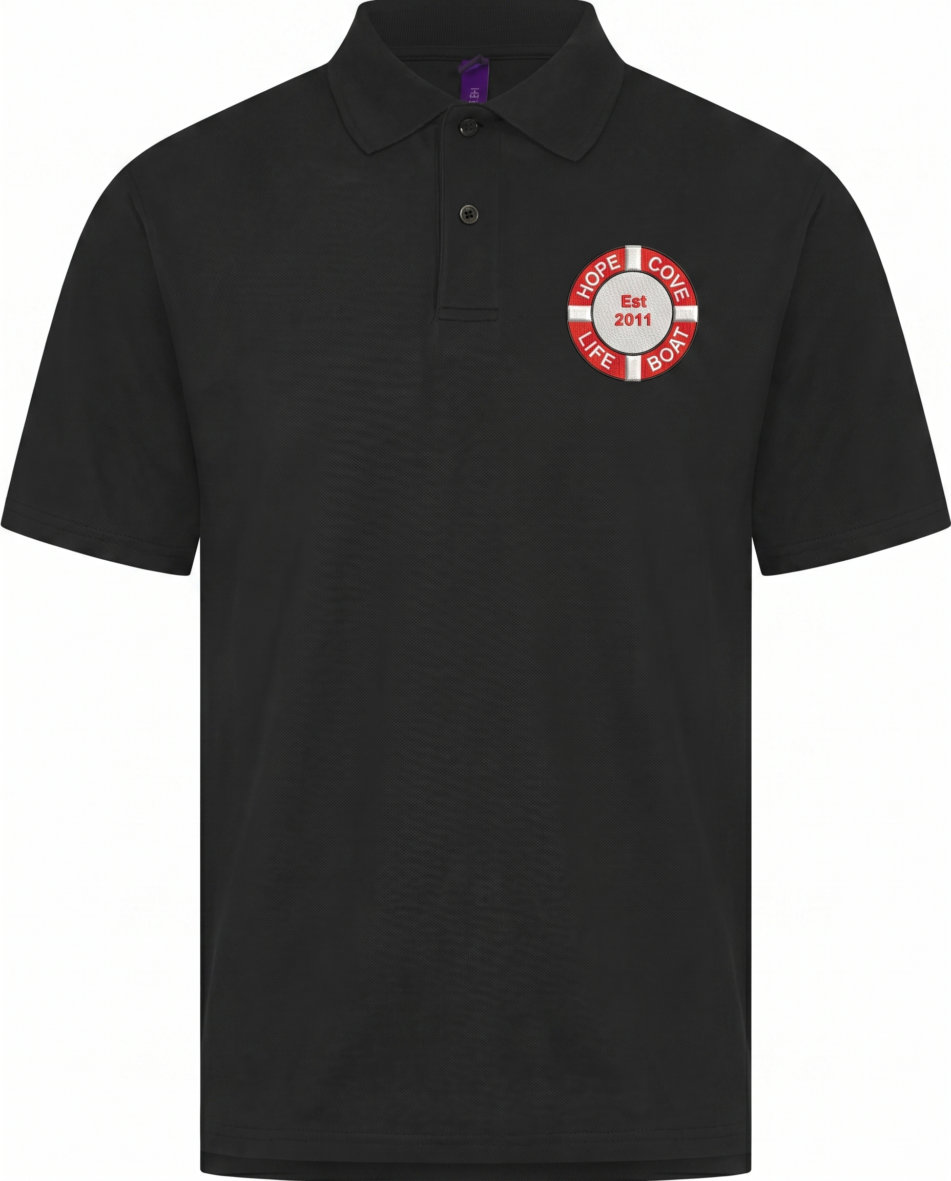 Embroidered logo example — left chest embroidery on a black polo