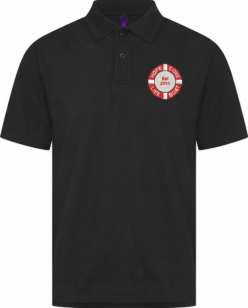 Embroidered logo example — left chest embroidery on a black polo